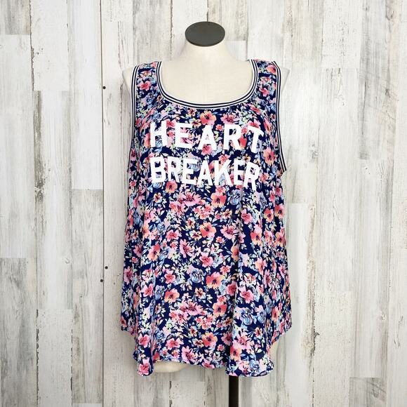 Torrid Heart Breaker Graphic Jersey Tank Top Blue Pink Floral Casual Size 3 - Picture 1 of 9